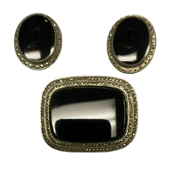 Vintage Onyx & Sterling Silver Brooch and Clip on Earring Set with Marcasite - Picture 1 of 10